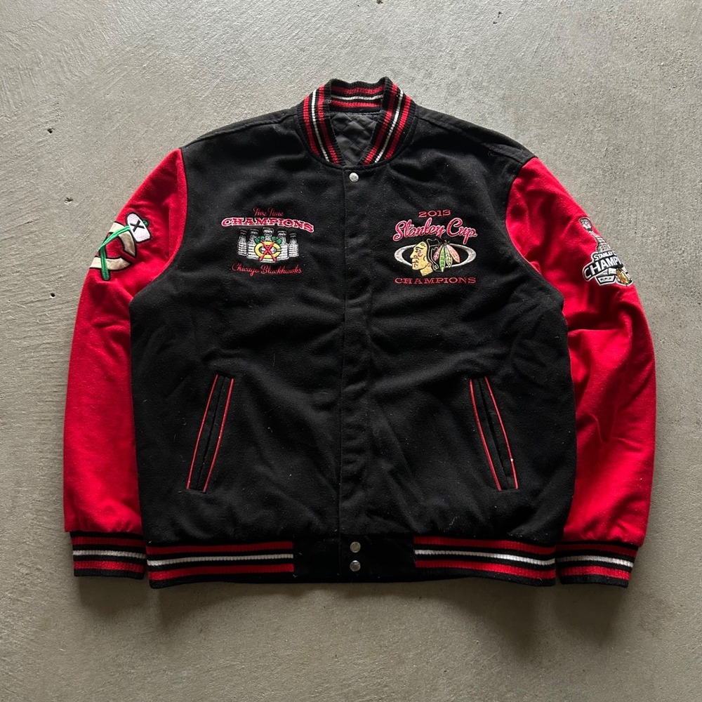 2013 Stanley Cup Champions Black Hawks Varsity Jacket Size XL Black NHL‎ Hockey